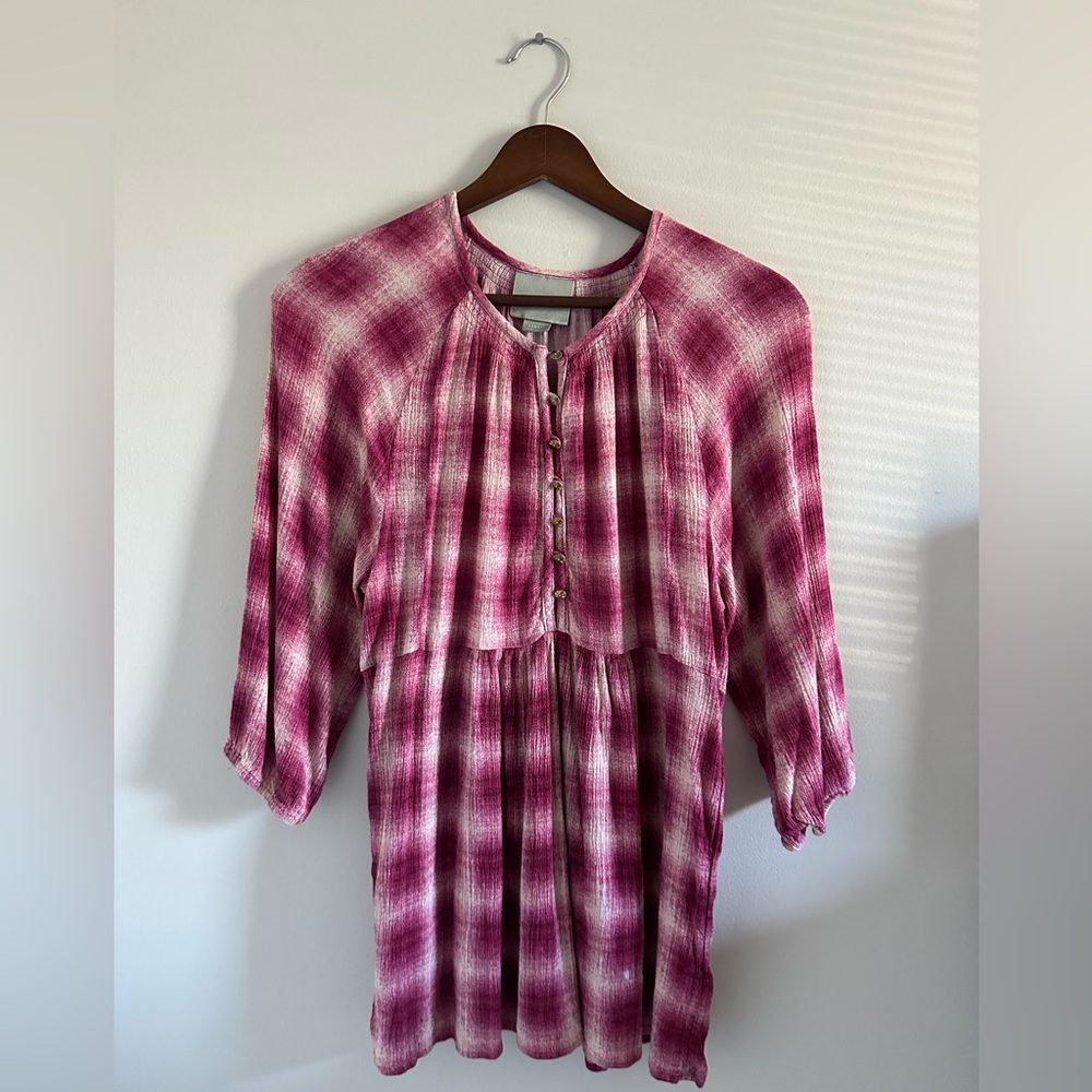 Anthropologie Maeve Calavon Pink Plaid Peplum Top